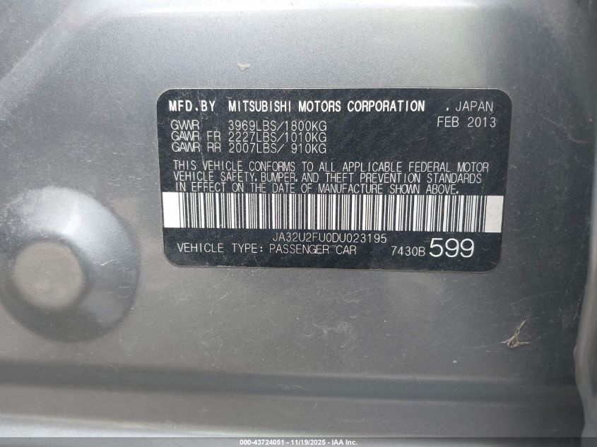 2013 Mitsubishi Lancer Es VIN: JA32U2FU0DU023195 Lot: 43724051