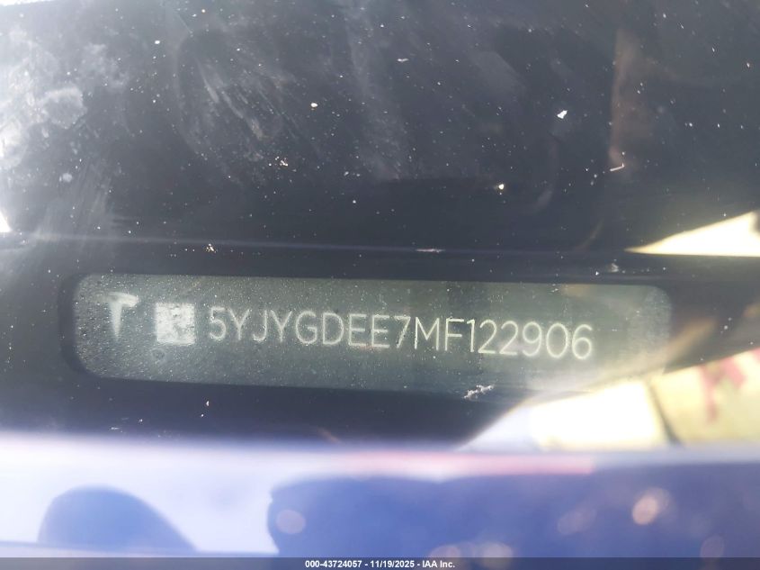 2021 Tesla Model Y Long Range Dual Motor All-Wheel Drive VIN: 5YJYGDEE7MF122906 Lot: 43724057