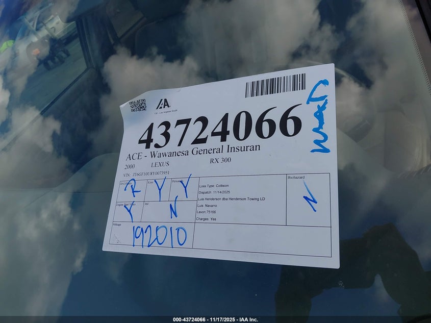 2000 Lexus Rx 300 VIN: JT6GF10U8Y0073951 Lot: 43724066