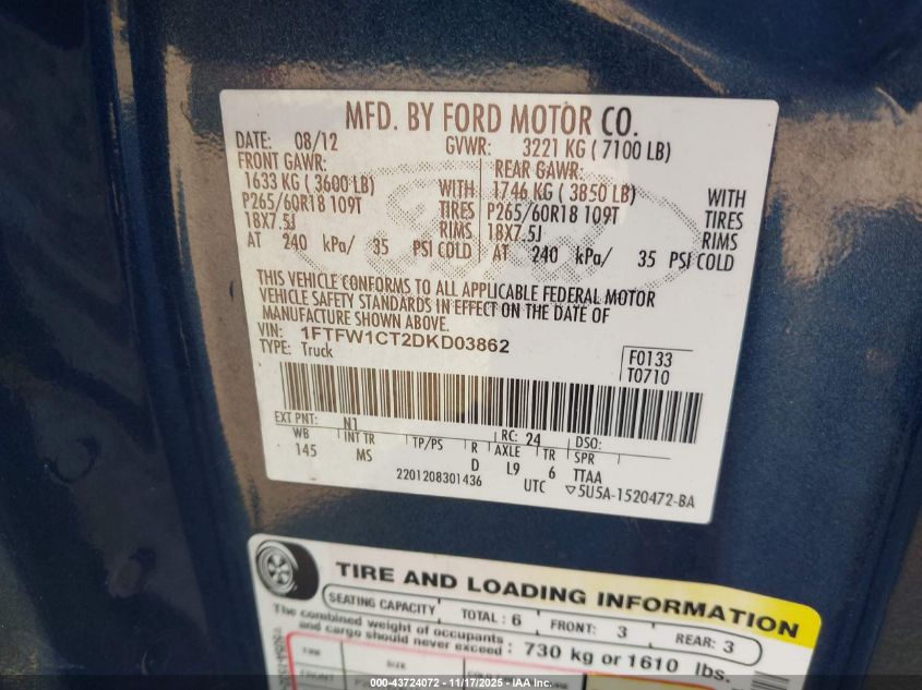 2013 Ford F-150 Xlt VIN: 1FTFW1CT2DKD03862 Lot: 43724072