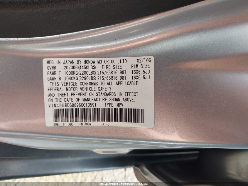 JHLRD68896C013591 2006 HONDA CR-V photo no. 9