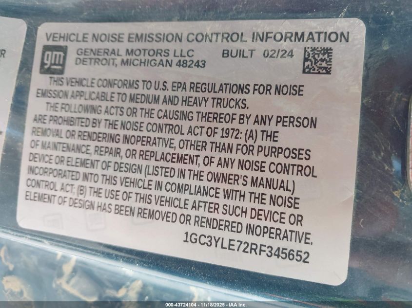 2024 Chevrolet Silverado 2500Hd 4Wd Long Bed Work Truck VIN: 1GC3YLE72RF345652 Lot: 43724104