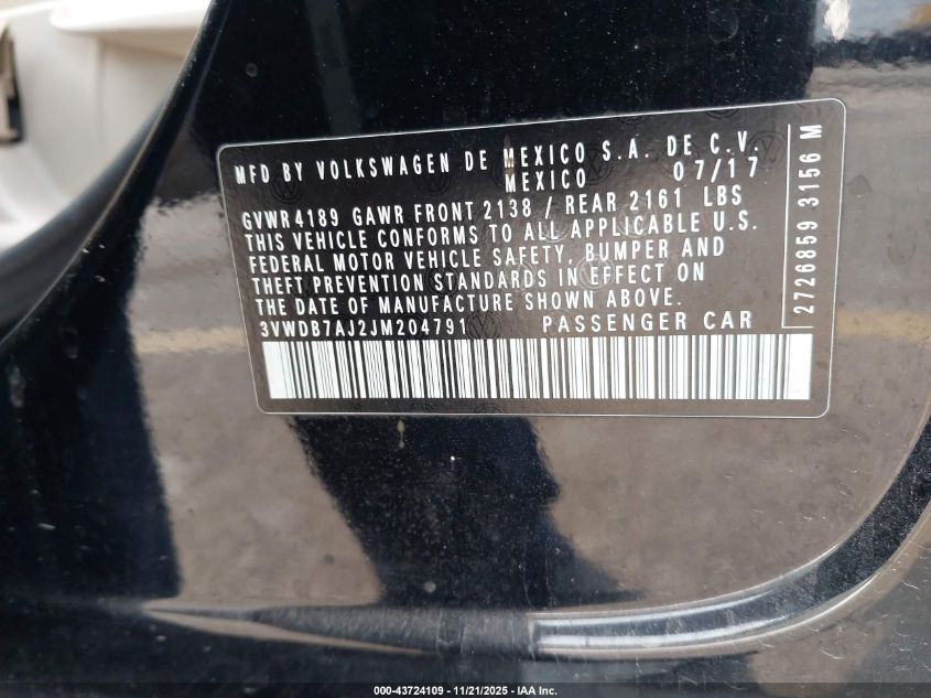 2018 Volkswagen Jetta 1.4T Se/1.4T Wolfsburg Edition VIN: 3VWDB7AJ2JM204791 Lot: 43724109