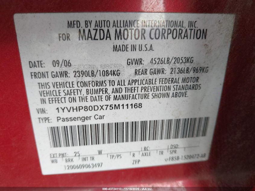 2007 Mazda Mazda6 S Touring VIN: 1YVHP80DX75M11168 Lot: 43724113