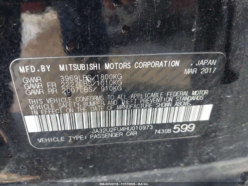 JA32U2FU4HU010973 2017 MITSUBISHI LANCER photo no. 9