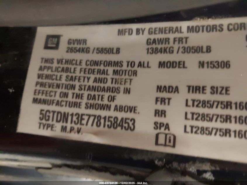 2007 Hummer H3 Suv VIN: 5GTDN13E778158453 Lot: 43724126