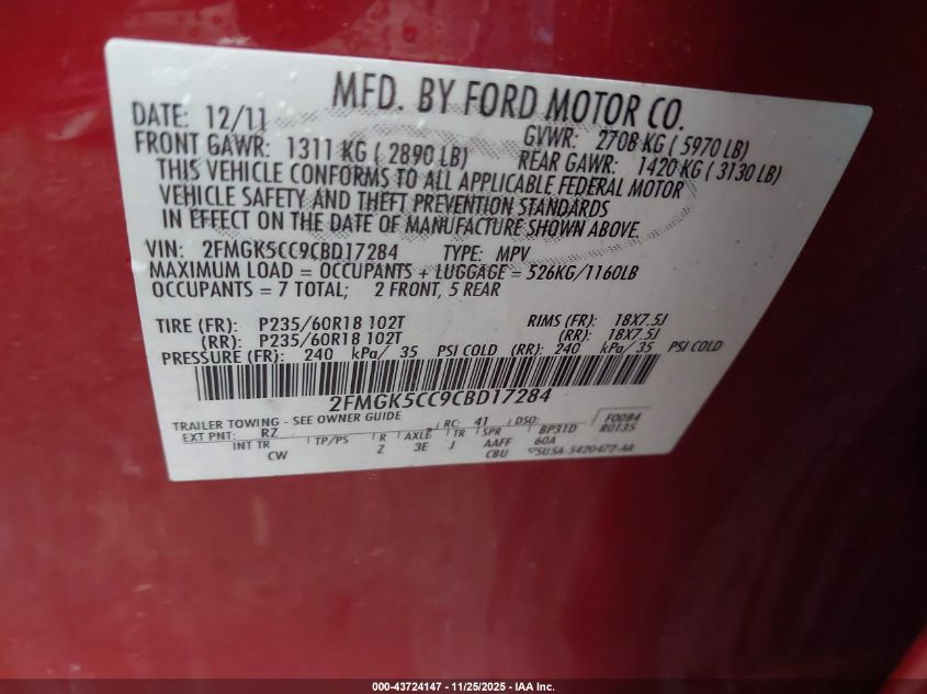 2012 Ford Flex Sel VIN: 2FMGK5CC9CBD17284 Lot: 43724147