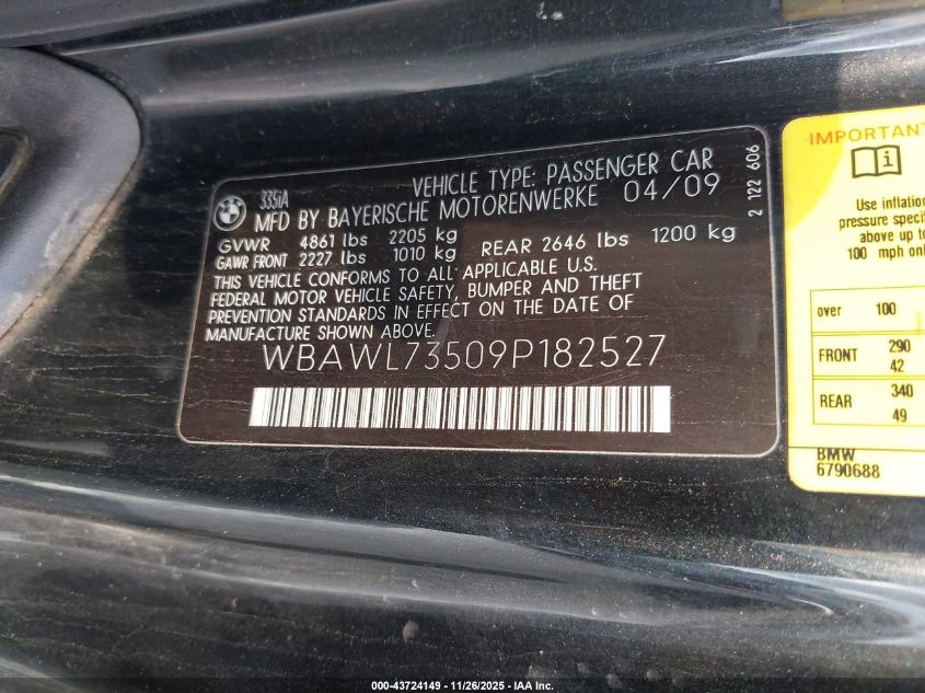 2009 BMW 335I VIN: WBAWL73509P182527 Lot: 43724149