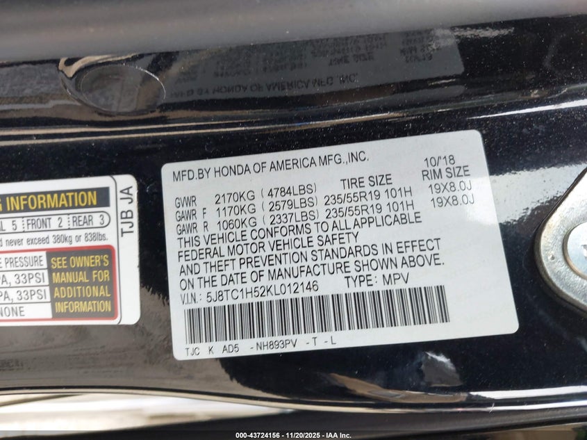 2019 Acura Rdx Technology Package VIN: 5J8TC1H52KL012146 Lot: 43724156