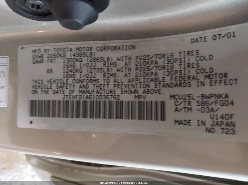 2001 Toyota Highlander V6 VIN: JTEHF21A610036762 Lot: 43724178