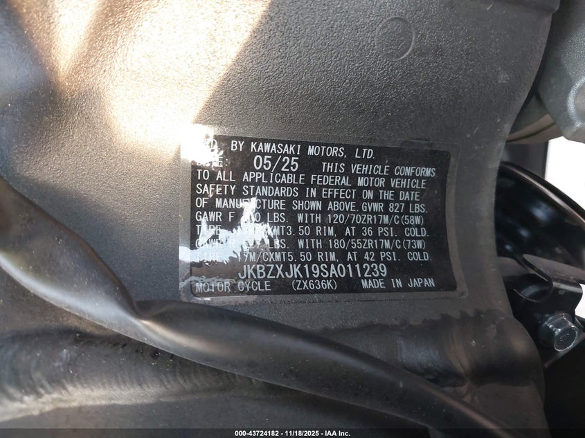 2025 Kawasaki Zx636 K VIN: JKBZXJK19SA011239 Lot: 43724182