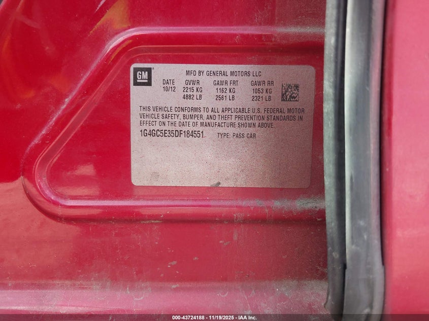 2013 Buick Lacrosse Leather Group VIN: 1G4GC5E35DF184551 Lot: 43724188