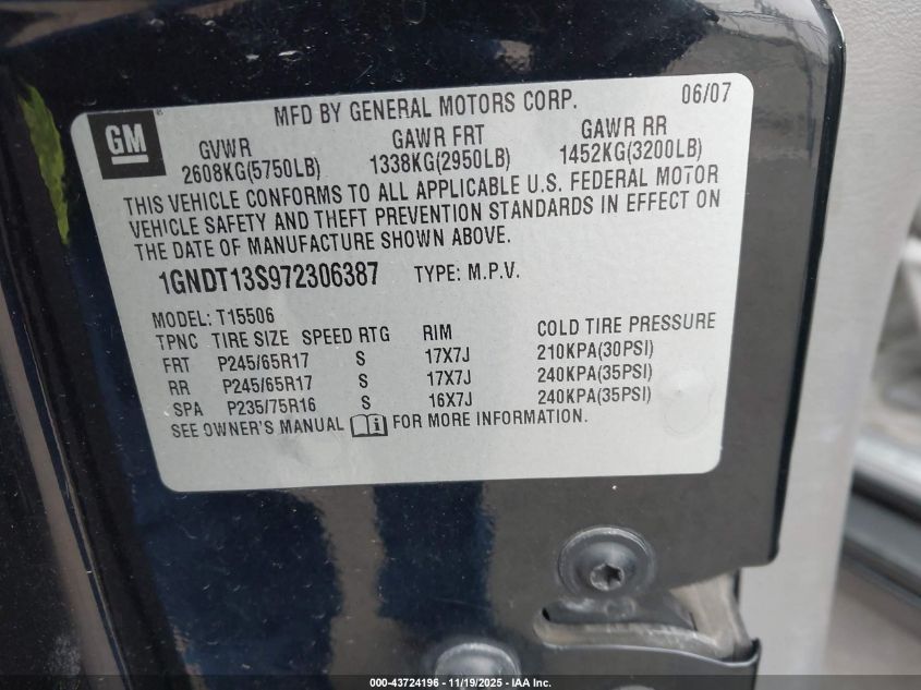 2007 Chevrolet Trailblazer Lt VIN: 1GNDT13S972306387 Lot: 43724196