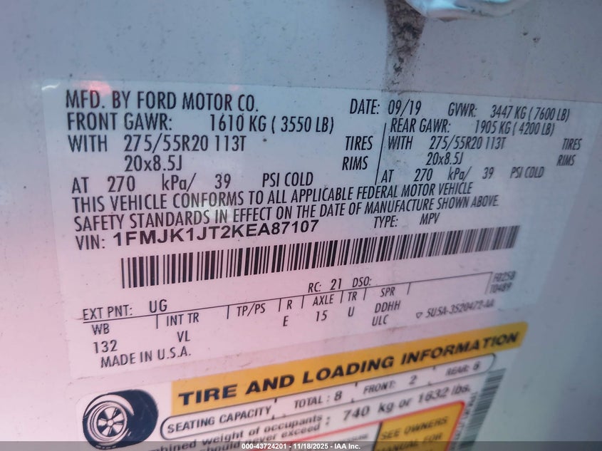 2019 Ford Expedition Max Xlt VIN: 1FMJK1JT2KEA87107 Lot: 43724201