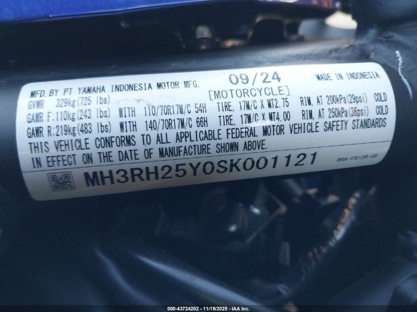 2025 Yamaha Yfz320 Ac VIN: MH3RH25Y0SK001121 Lot: 43724202