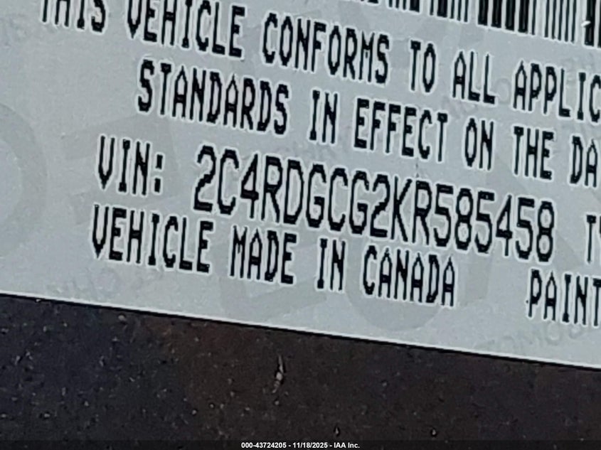 2019 Dodge Grand Caravan Sxt VIN: 2C4RDGCG2KR585458 Lot: 43724205