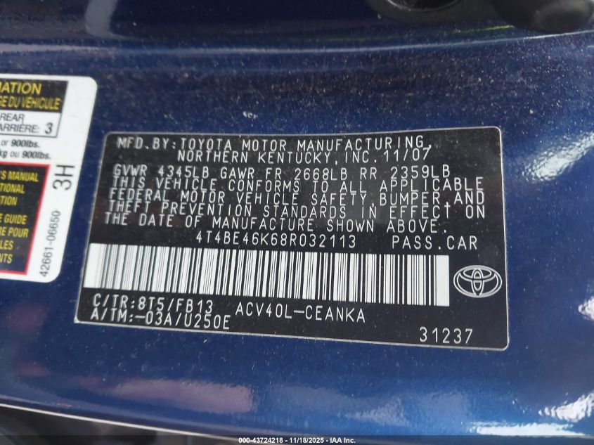 2008 Toyota Camry Le VIN: 4T4BE46K68R032113 Lot: 43724218