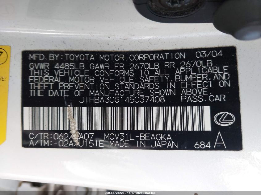 2004 Lexus Es 330 VIN: JTHBA30G145037408 Lot: 43724223