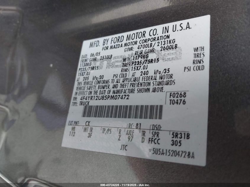 2005 Mazda B3000 Ds VIN: 4F4YR12U85PM07472 Lot: 43724225