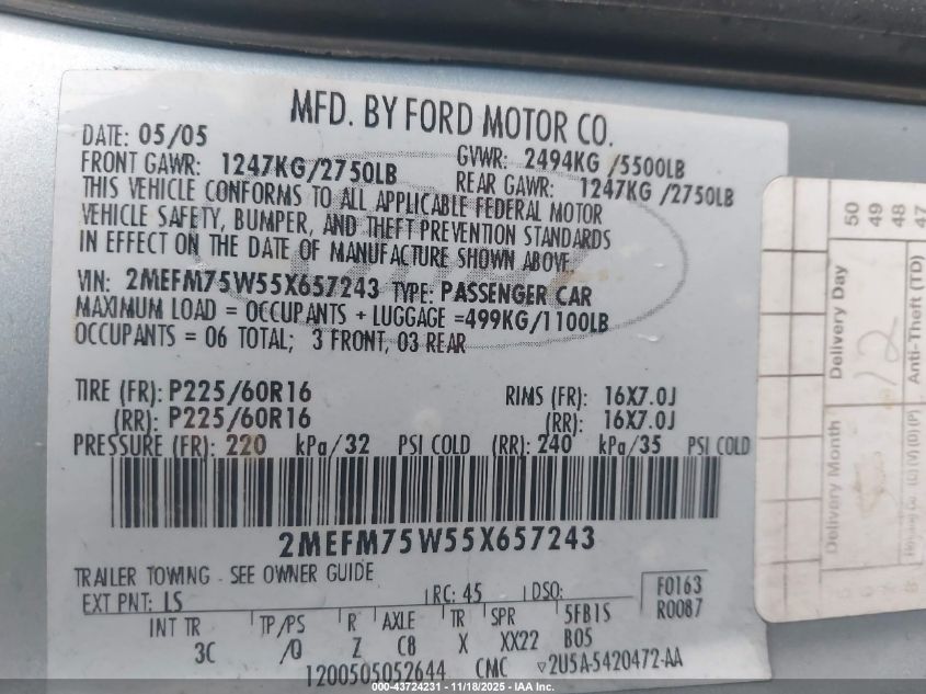 2005 Mercury Grand Marquis Ls/Lse VIN: 2MEFM75W55X657243 Lot: 43724231