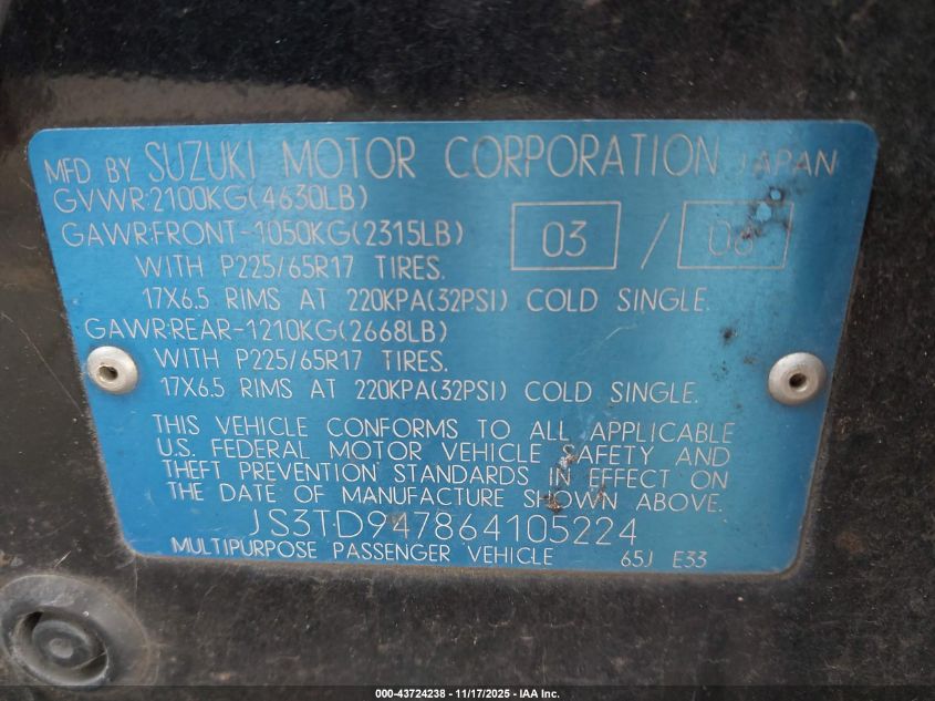 2006 Suzuki Grand Vitara Luxury VIN: JS3TD947864105224 Lot: 43724238