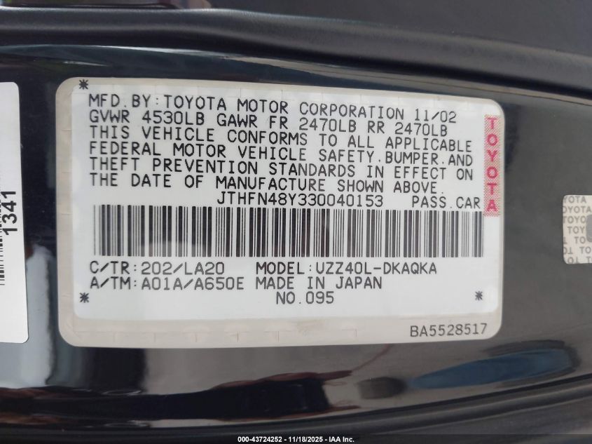 2003 Lexus Sc 430 VIN: JTHFN48Y330040153 Lot: 43724252