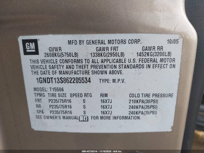 2006 Chevrolet Trailblazer Ls VIN: 1GNDT13S862205534 Lot: 43724314