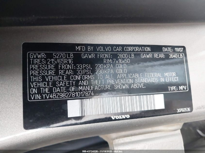 2008 Volvo Xc70 3.2 VIN: YV4BZ982781017874 Lot: 43724326