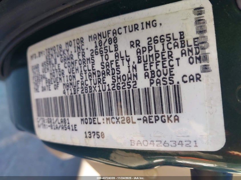 2001 Toyota Avalon Xls VIN: 4T1BF28BX1U126252 Lot: 43724339