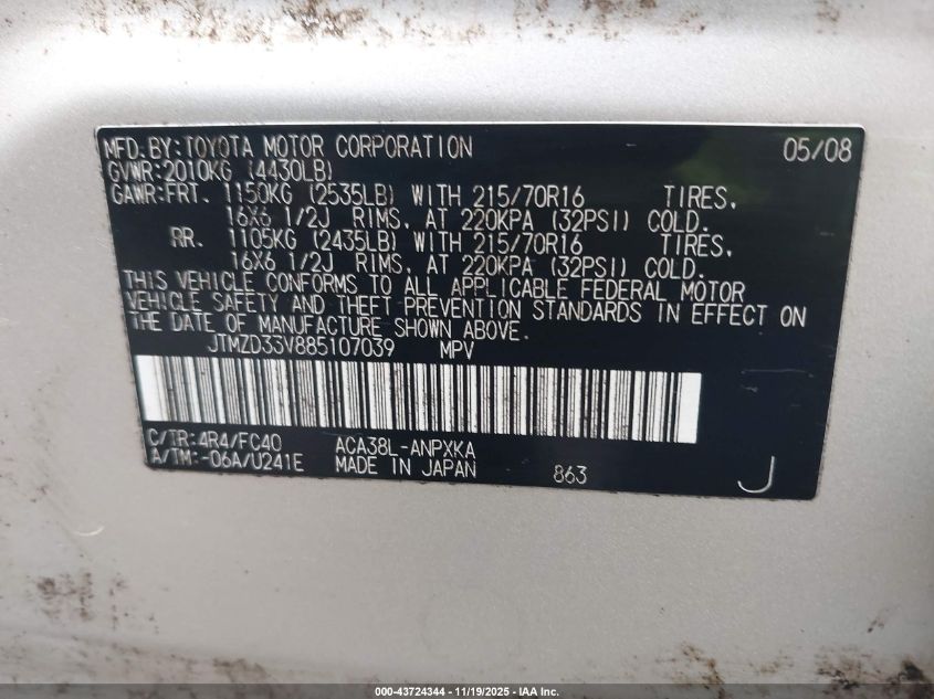 2008 Toyota Rav4 VIN: JTMZD33V885107039 Lot: 43724344