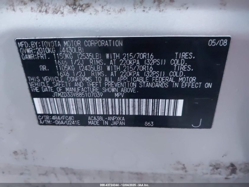 2008 Toyota Rav4 VIN: JTMZD33V885107039 Lot: 43724344