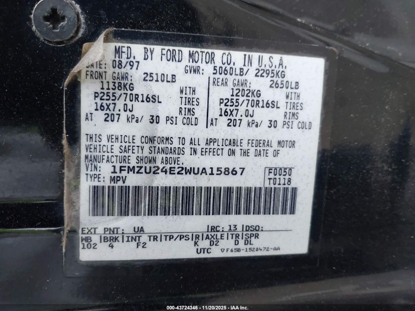 1998 Ford Explorer Sport VIN: 1FMZU24E2WUA15867 Lot: 43724346