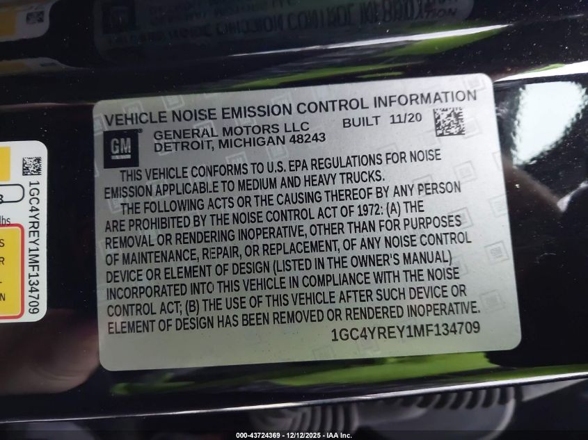 2021 Chevrolet Silverado 2500Hd VIN: 1GC4YREY1MF134709 Lot: 43724369