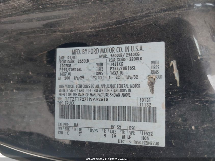2001 Ford F-150 Xl/Xlt VIN: 1FTZF17271NA92618 Lot: 43724375