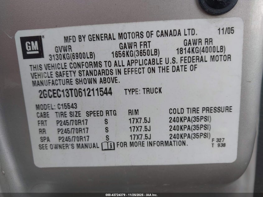 2006 Chevrolet Silverado 1500 Lt1 VIN: 2GCEC13T061211544 Lot: 43724379