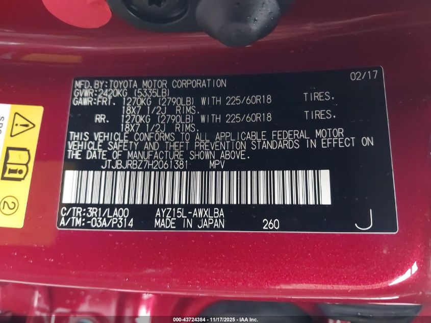 2017 Lexus Nx 300H VIN: JTJBJRBZ7H2061381 Lot: 43724384