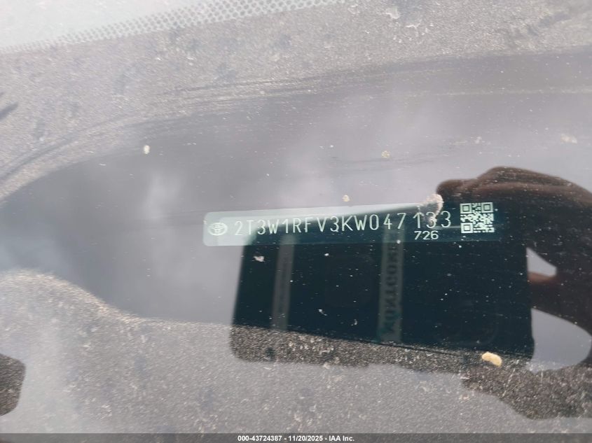 2019 Toyota Rav4 Xle VIN: 2T3W1RFV3KW047133 Lot: 43724387