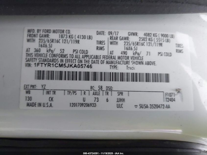 2018 Ford Transit-250 VIN: 1FTYR1CM5JKA05746 Lot: 43724391