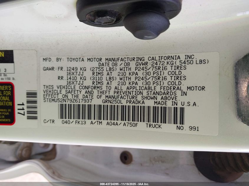 2009 Toyota Tacoma Base V6 VIN: 5TEMU52N79Z617937 Lot: 43724395