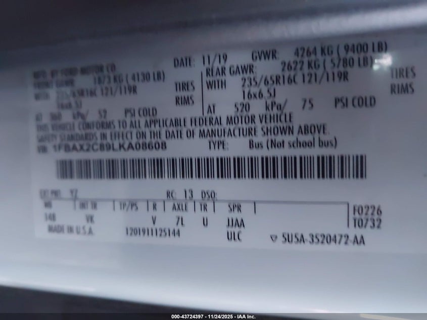 2020 Ford Transit-350 Passenger Van Xl VIN: 1FBAX2C89LKA08608 Lot: 43724397