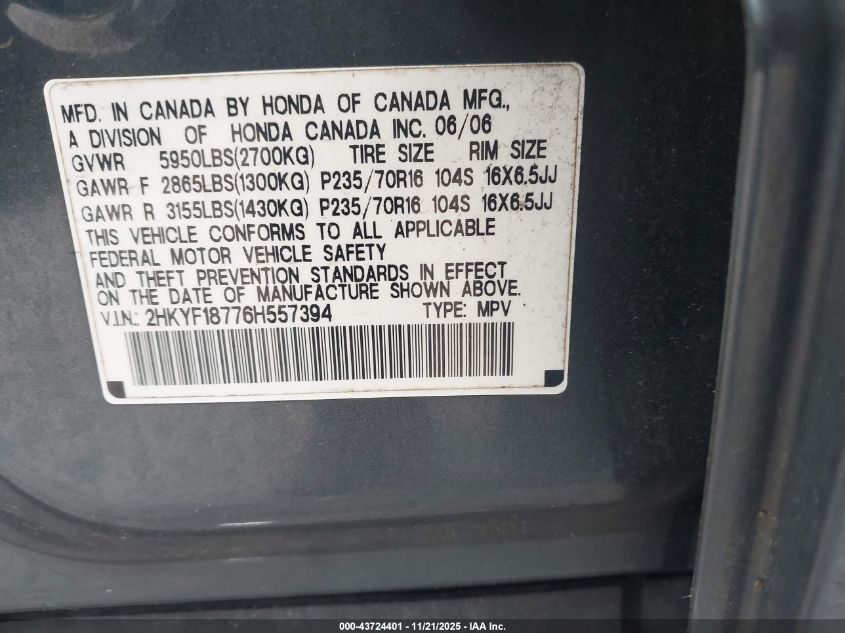 2006 Honda Pilot Ex-L VIN: 2HKYF18776H557394 Lot: 43724401