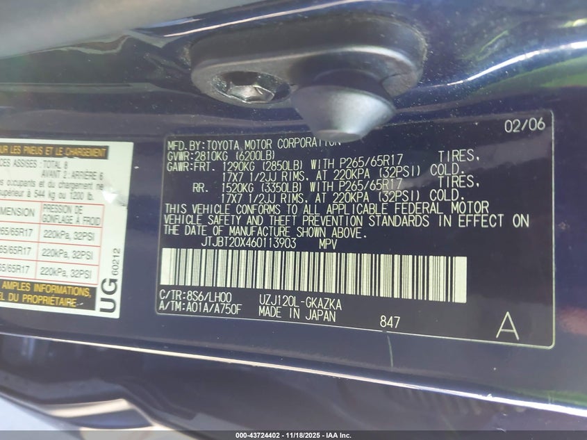 2006 Lexus Gx 470 VIN: JTJBT20X460113903 Lot: 43724402