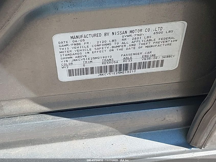 2005 Infiniti G35 VIN: JNKCV51E25M219210 Lot: 43724418