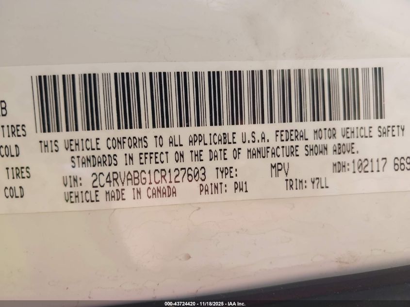 2012 Volkswagen Routan Se VIN: 2C4RVABG1CR127603 Lot: 43724420