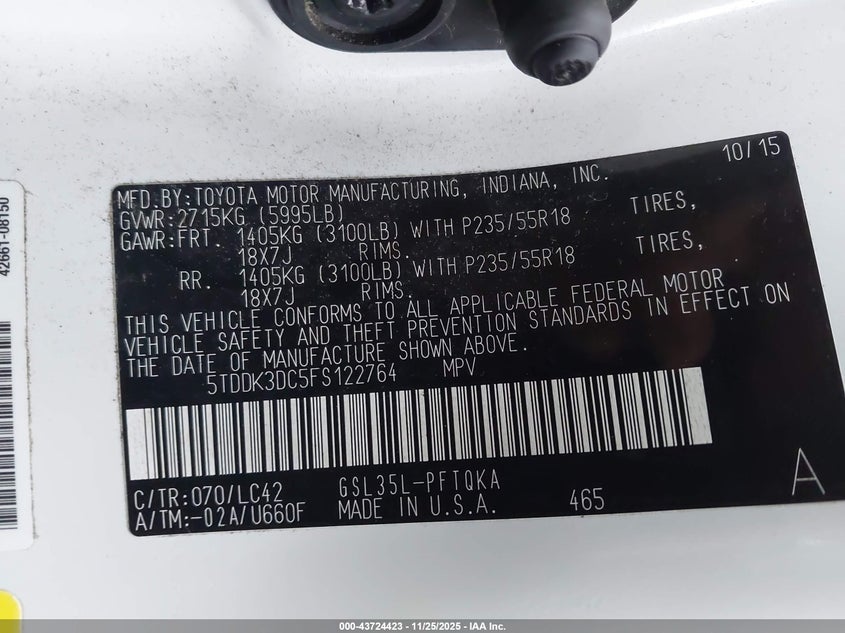 2015 Toyota Sienna Xle 7 Passenger VIN: 5TDDK3DC5FS122764 Lot: 43724423