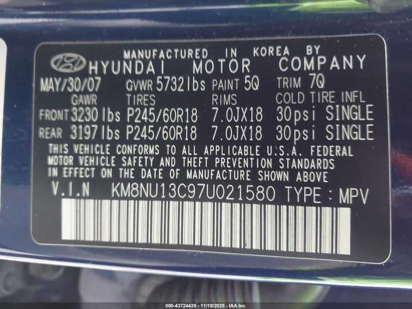 2007 Hyundai Veracruz Gls/Limited/Se VIN: KM8NU13C97U021580 Lot: 43724426