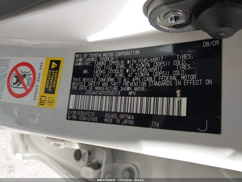 JTEDA41A092008318 2009 TOYOTA HIGHLANDER photo no. 9