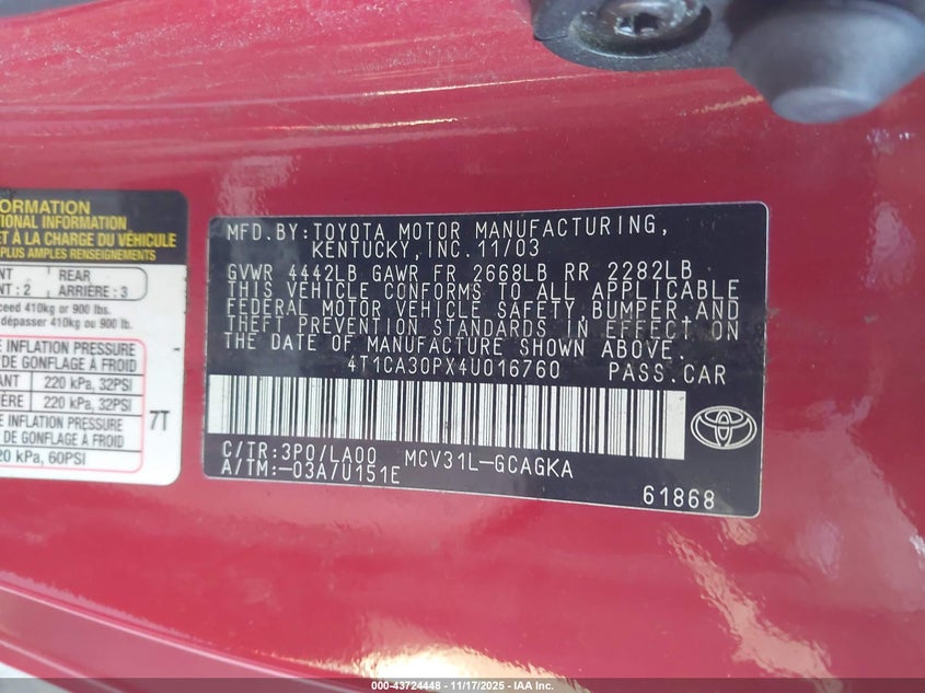 2004 Toyota Camry Solara Sle V6 VIN: 4T1CA30PX4U016760 Lot: 43724448