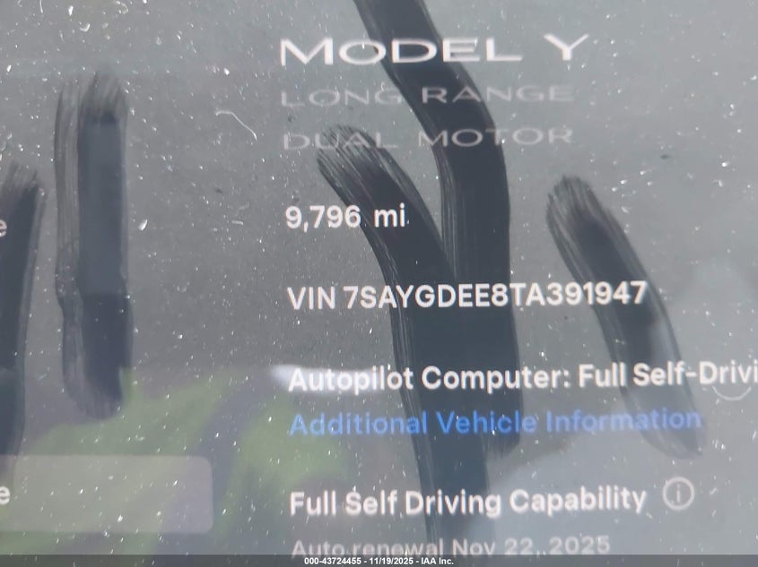2026 Tesla Model Y Long Range Dual Motor All-Wheel Drive/Long Range Launch Series VIN: 7SAYGDEE8TA391947 Lot: 43724455