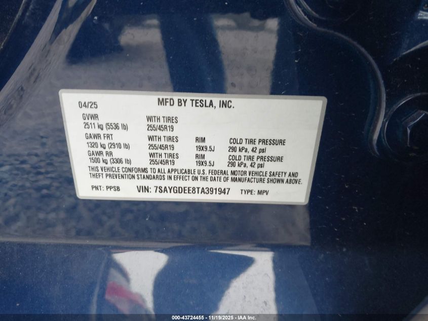2026 Tesla Model Y Long Range Dual Motor All-Wheel Drive/Long Range Launch Series VIN: 7SAYGDEE8TA391947 Lot: 43724455